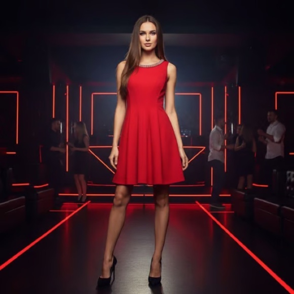 Red sleeveless dress with beaded collar and zip back 8 Sandra Darren